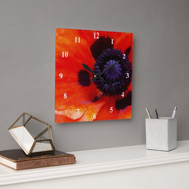 Orange Red Poppy Flower Square Wall Clock (Office)