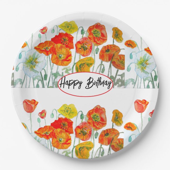 Orange Red Poppy Flower Watercolor Birthday Paper Plate (Front)