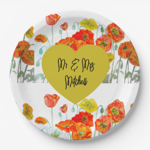 Orange Red Poppy Flower Watercolor Wedding Dinner Paper Plate