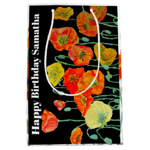 Orange Red Poppy Flower Watercolor Womans BIrthday Medium Gift Bag