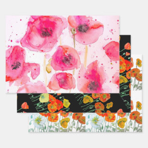 Orange Red Poppy Flower Watercolor Womans BIrthday Wrapping Paper Sheet