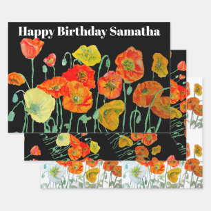 Orange Red Poppy Flower Watercolor Womans BIrthday Wrapping Paper Sheet