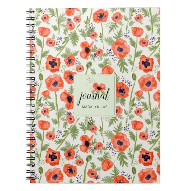 Orange Red Poppy Flowers Watercolor Pattern Notebook (Front)
