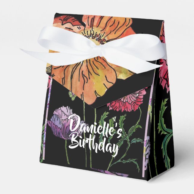 Orange Red Poppy on Black floral Birthday Cake Box (Front Side)
