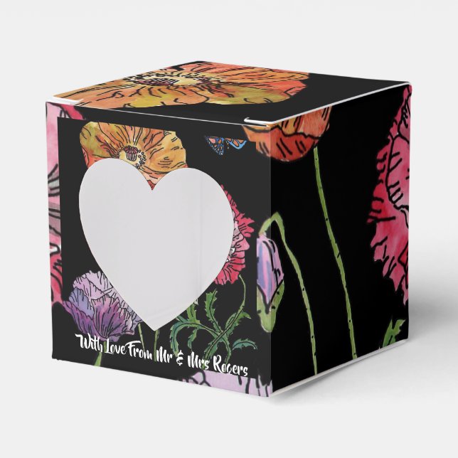 Orange Red Poppy on Black floral Wedding Cake Box (Front Side)