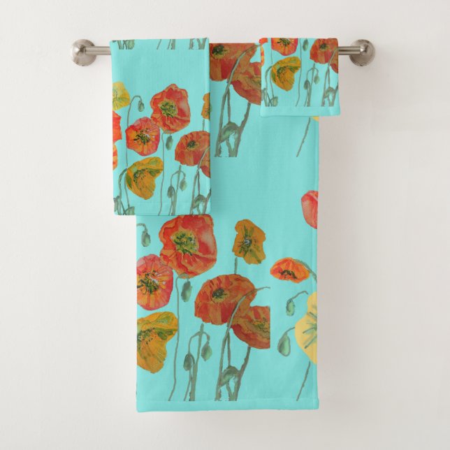 Orange Red Poppy poppies Aqua Floral flowers art Bath Towel Set (Insitu)