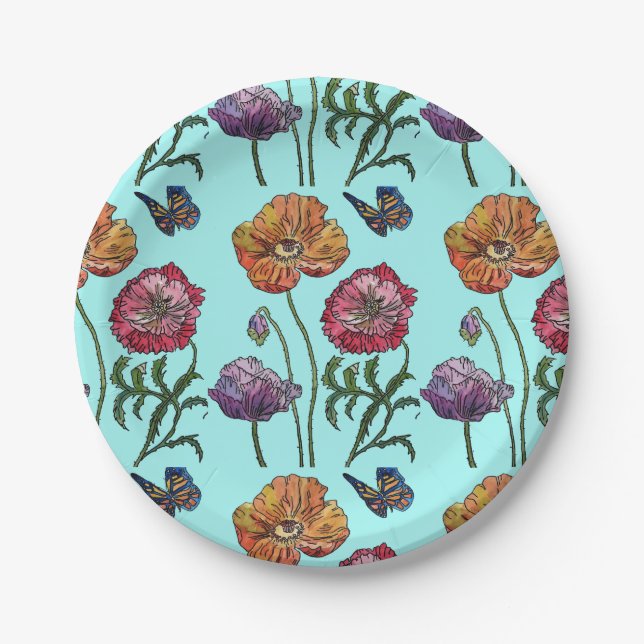 Orange Red Poppy Poppies Floral Aqua Paper Plate (Front)