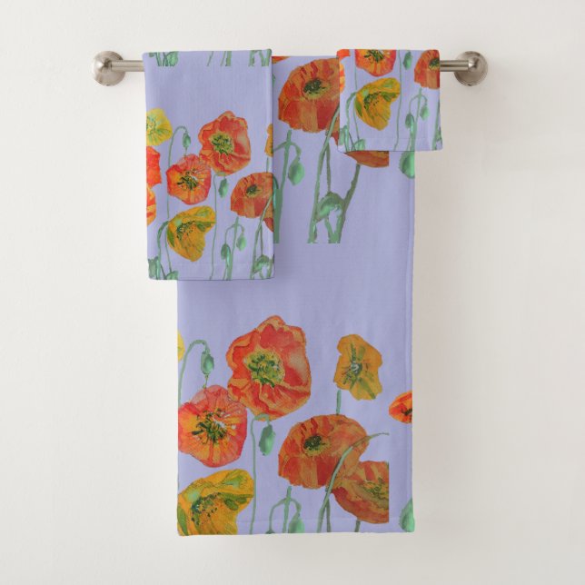 Orange Red Poppy poppies Lavender Floral flowers Bath Towel Set (Insitu)
