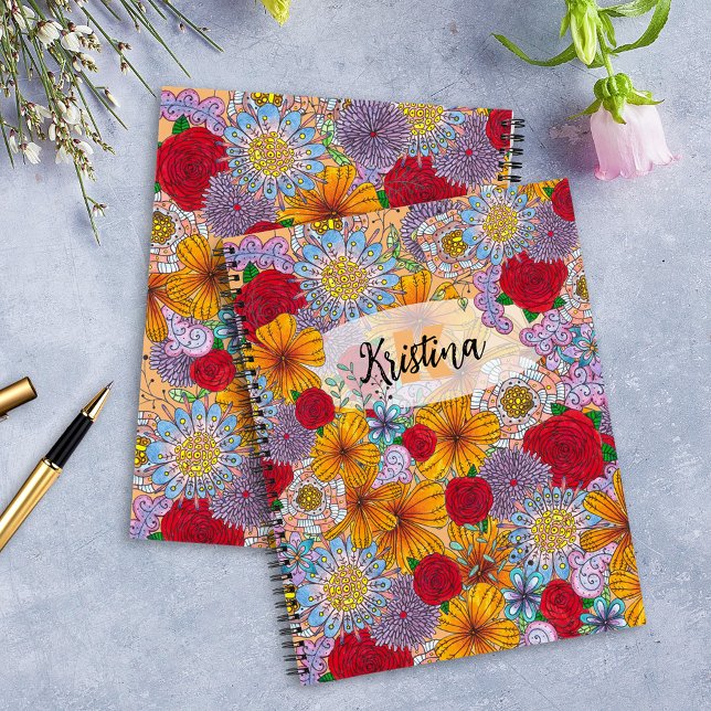 Orange Red Purple Garden Doodle Flowers  Notebook (Creator Uploaded)