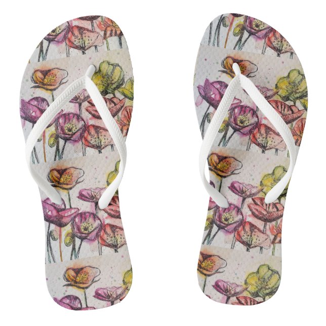  Orange Red Purple Poppies Floral Flowers Ladies  Jandals (Footbed)
