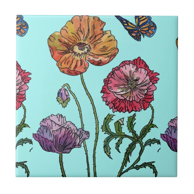 Orange Red Purple Poppy Watercolor Flower Pattern Tile (Front)