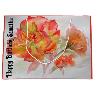 Orange Red Rose Flower Watercolor Womans BIrthday Large Gift Bag