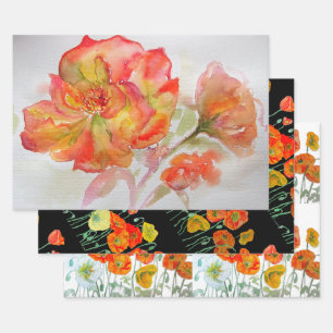 Orange Red Rose Flower Watercolor Womans BIrthday Wrapping Paper Sheet