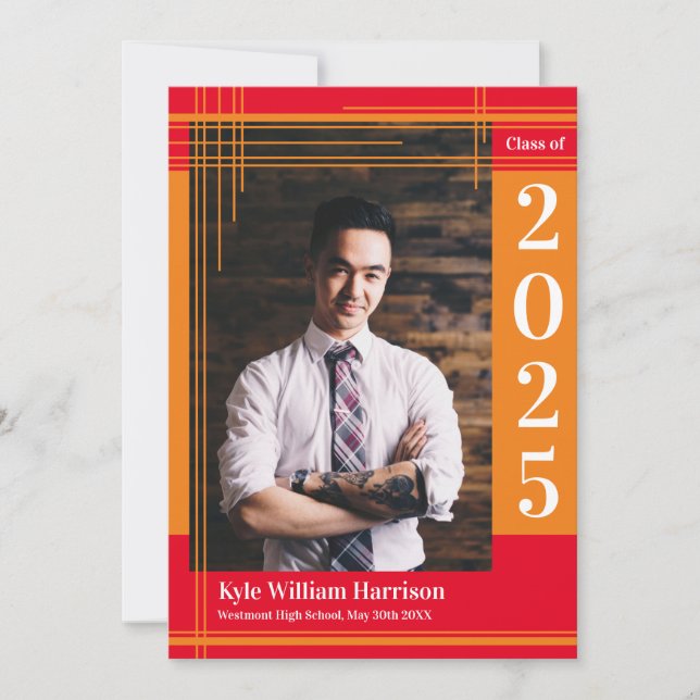 Orange Red School Colour Graduation Photo Plaid Invitation (Front)