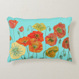 Orange Red Shabby Poppy Poppies Decor Aqua Decorative Cushion