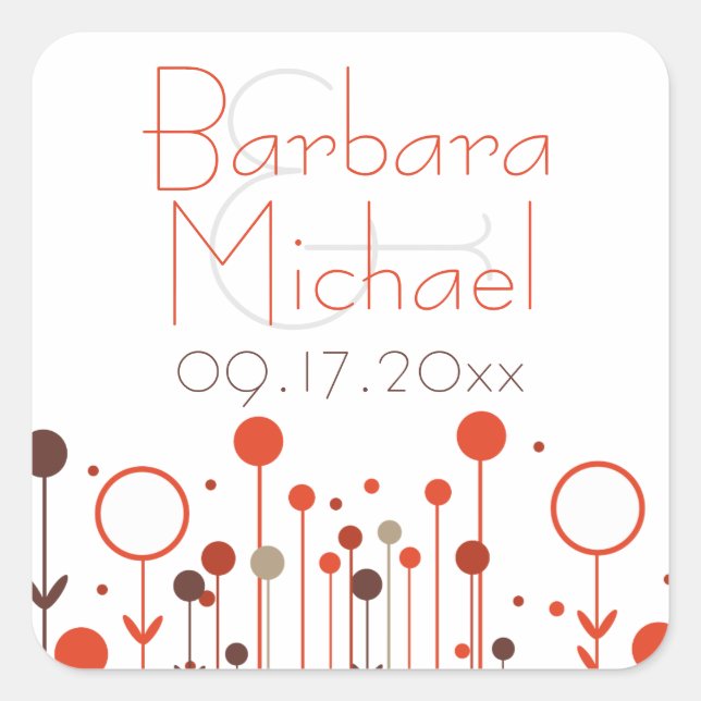 Orange Red Simple Floral Dot Modern Square Sticker (Front)