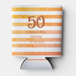 Orange red striped 50th birthday brown name retro can cooler
