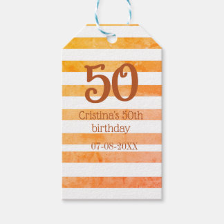 Orange red striped 50th birthday brown name retro gift tags