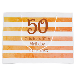 Orange red striped 50th birthday brown name retro large gift bag