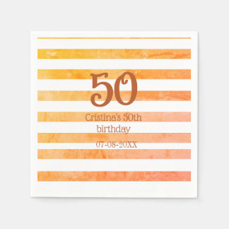 Orange red striped 50th birthday brown name retro napkin