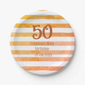 Orange red striped 50th birthday brown name retro paper plate