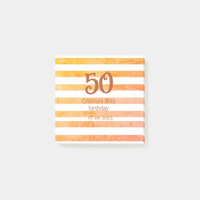 Orange red striped 50th birthday brown name retro post-it notes (Front)