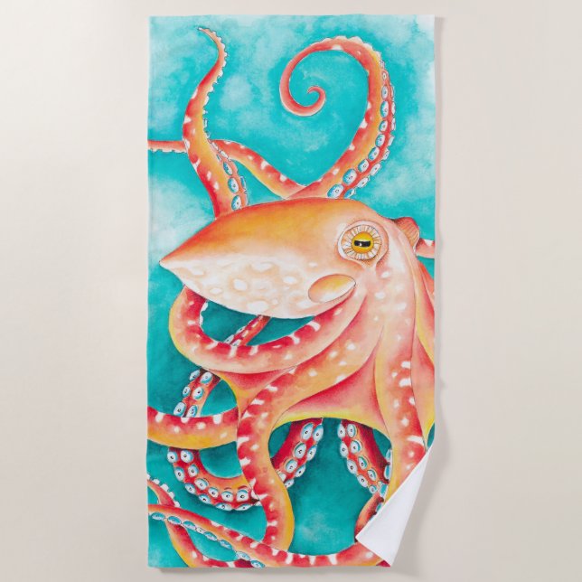 Orange Red Tentacles Octopus Watercolor Beach Towel (Front)