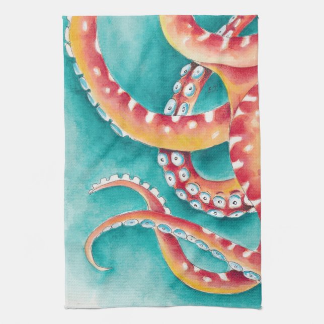 Orange Red Tentacles Tea Towel (Vertical)