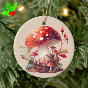 Orange Red Woodland Mushroom Cottagecore Ceramic Tree Decoration