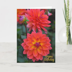 Orange, Red, Yellow Dahlia Flower Happy Birthday Card