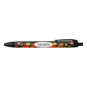 Orange Red Yellow Poppy Watercolor Girls Name Black Ink Pen