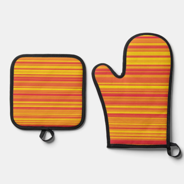 Orange Red Yellow Stripes Oven Mitt & Pot Holder Set (Front)