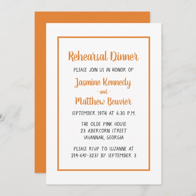 Orange Rehearsal Dinner Fall Wedding Minimalist Invitation (Front/Back)