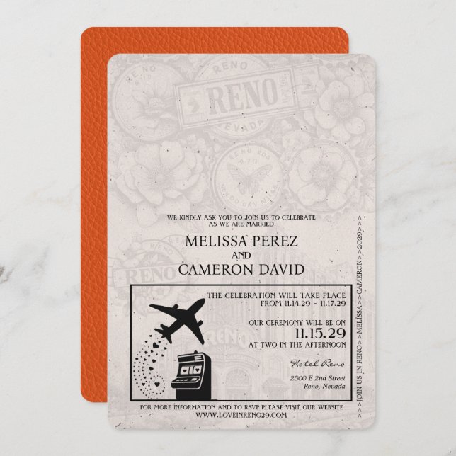 Orange Reno Passport Wedding Invitation (Front/Back)