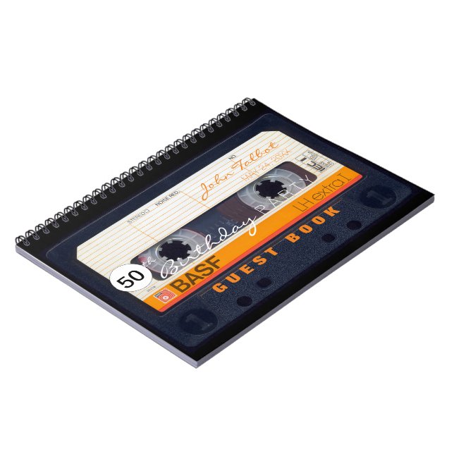 Orange Retro Audiotape 50th birthday GuestBook NB Spiral Notebook (Left Side)