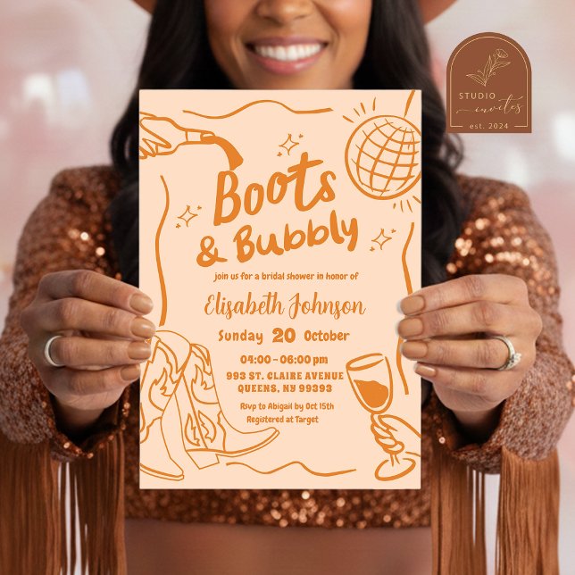 Orange Retro Boots and Bubbly Bridal Shower Invitation (Creator Uploaded)