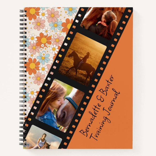 Orange Retro Daisy 4 Photo Horse Collage Name Notebook (Front)