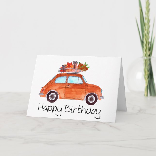 Orange Retro Fiat 500 Birthday Card (Front)