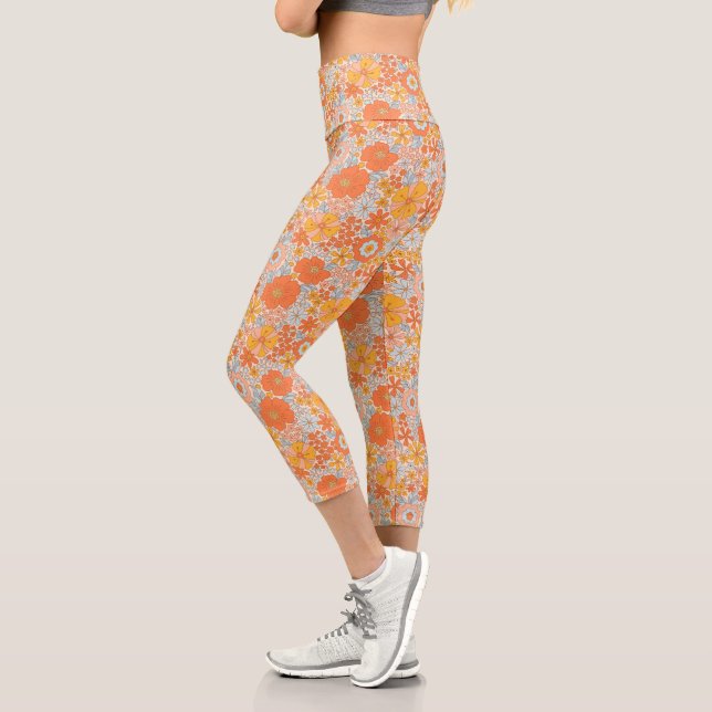 Orange Retro Flower Pattern Capri Leggings (Left)