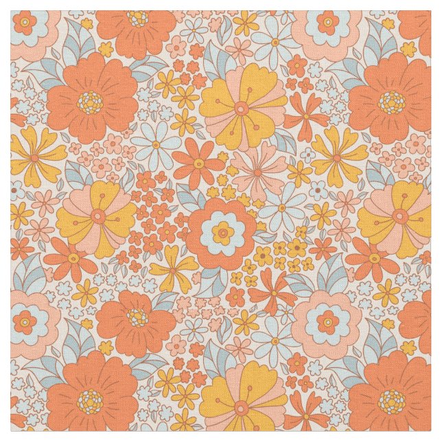 Orange Retro Flower Pattern Fabric (Close Up)