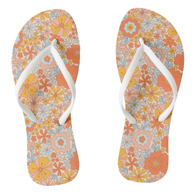 Orange Retro Flower Pattern Jandals (Footbed)