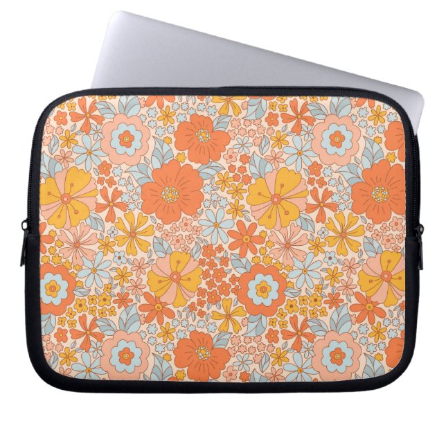 Orange Retro Flower Pattern Laptop Sleeve (Front)