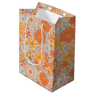 Orange Retro Flower Pattern Medium Gift Bag