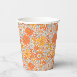 Orange Retro Flower Pattern Paper Cups