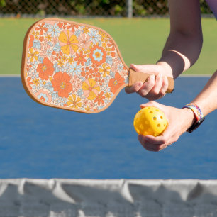 Orange Retro Flower Pattern Pickleball Paddle