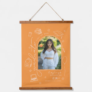 Orange Retro Hand Drawn Photo Graduation Hanging Tapestry