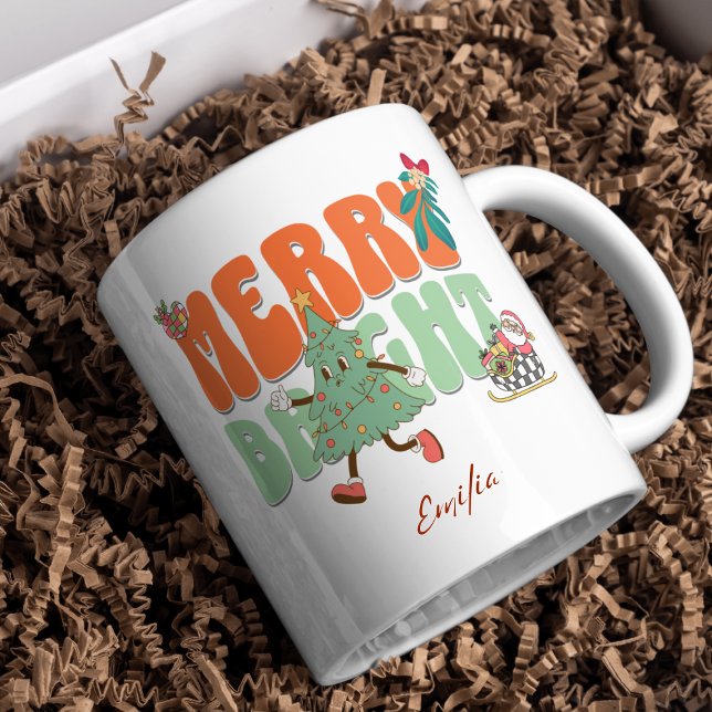 Orange Retro Merry Bright Custom Name Christmas  Mug (Creator Uploaded)