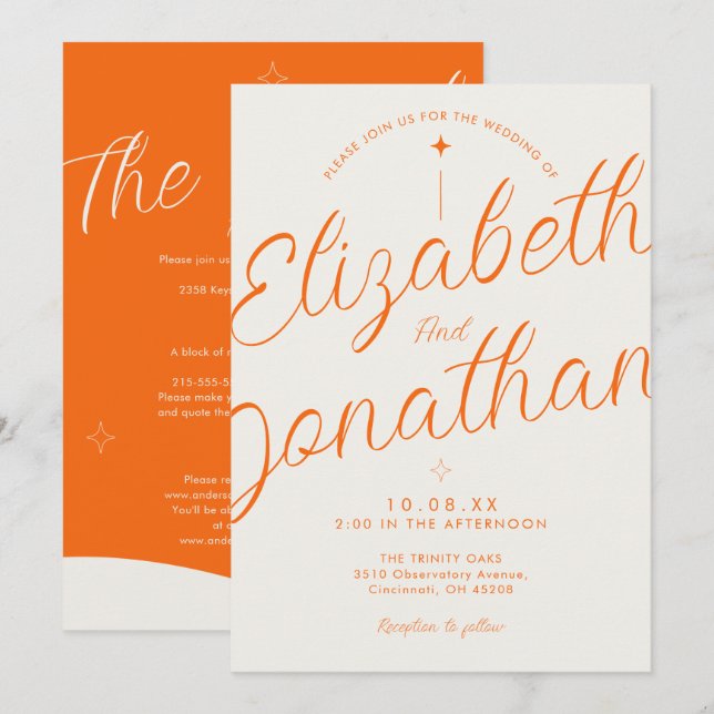 Orange Retro Modern Bold All In One Wedding Invitation (Front/Back)