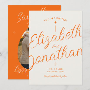 Orange Retro Modern Bold Script Photo Wedding Save The Date