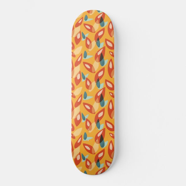 Orange Retro Modern Geometric Leaves 70s Pattern Skateboard (Front)